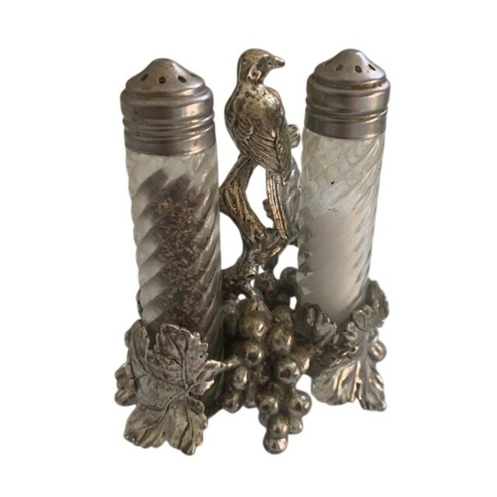 Vintage Bird Grapevine Salt Pepper Shaker Holder Silver Tone Country Cottage - Picture 4 of 11